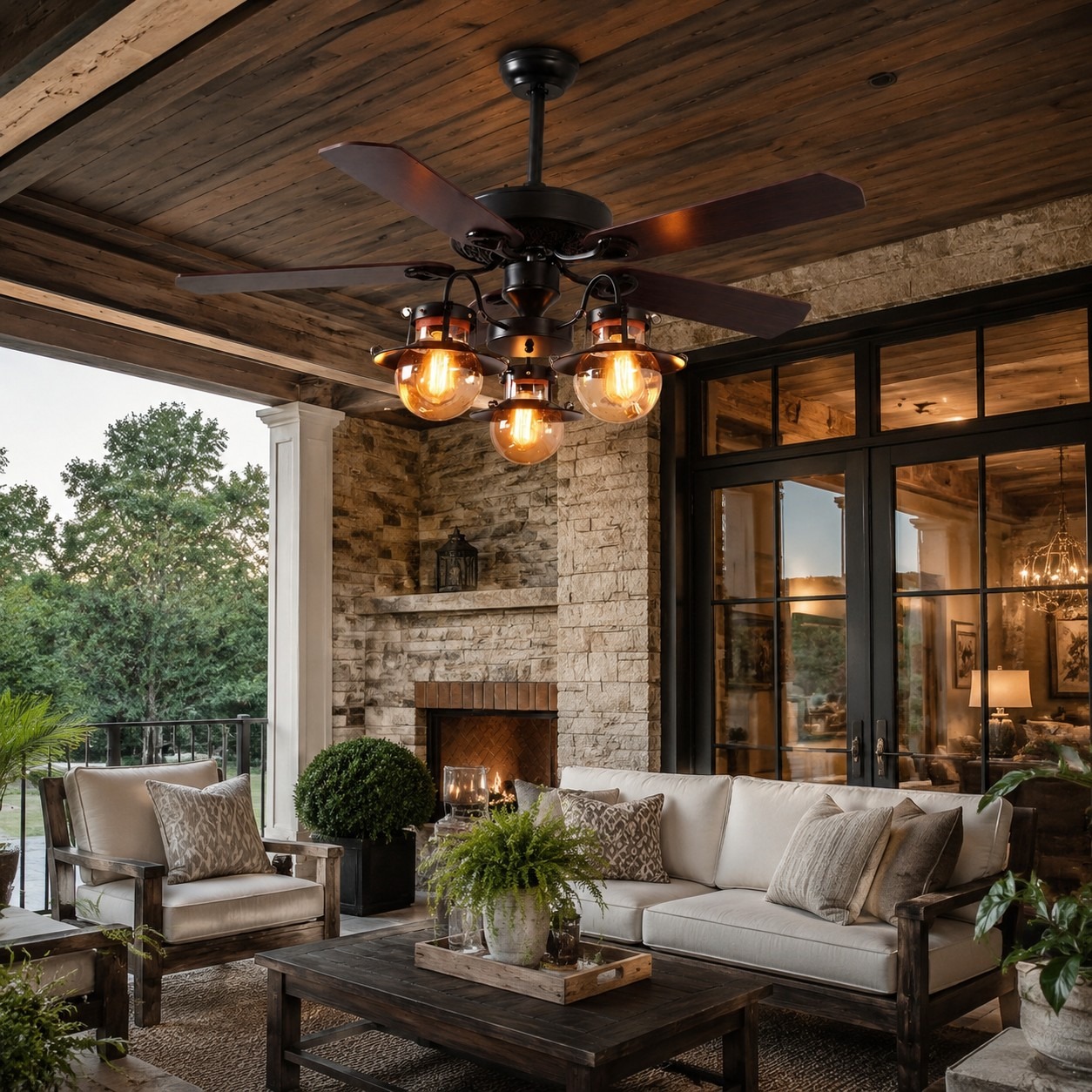 Vintage ceiling fan light installed under a covered patio ceiling