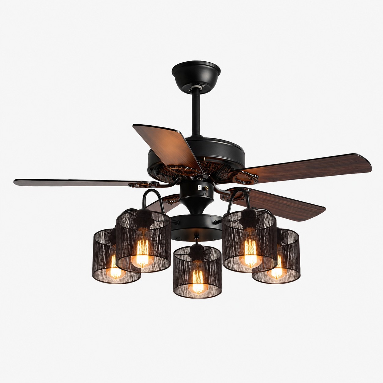 Style D Wood Blades / Matte Black Frame / Cylinder Glass Shades 5-Light ceiling fan light