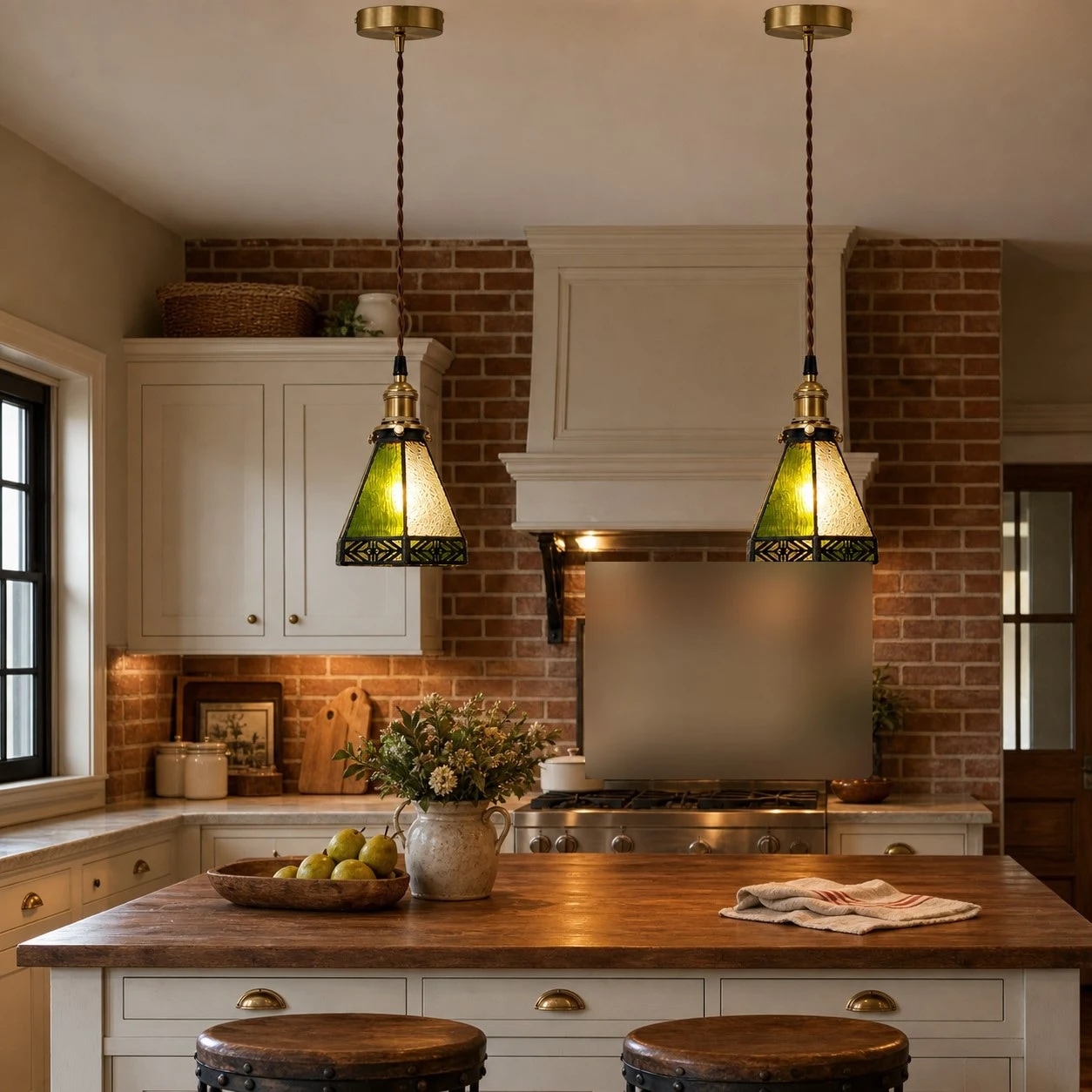 Kitchen island with two green stained glass pendant lights