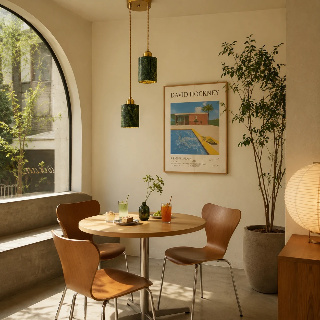 Two green jade cylinder pendant lights above a small dining table