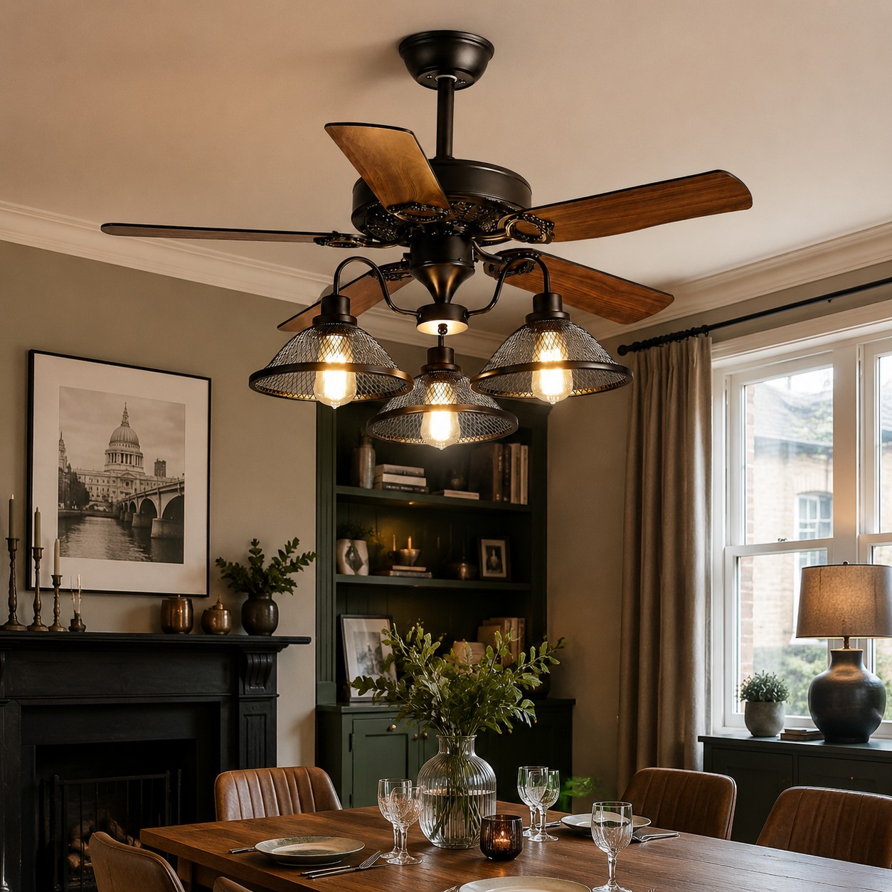 Konoha and Banana Leaf Wooden Ceiling Fan Light in room setting