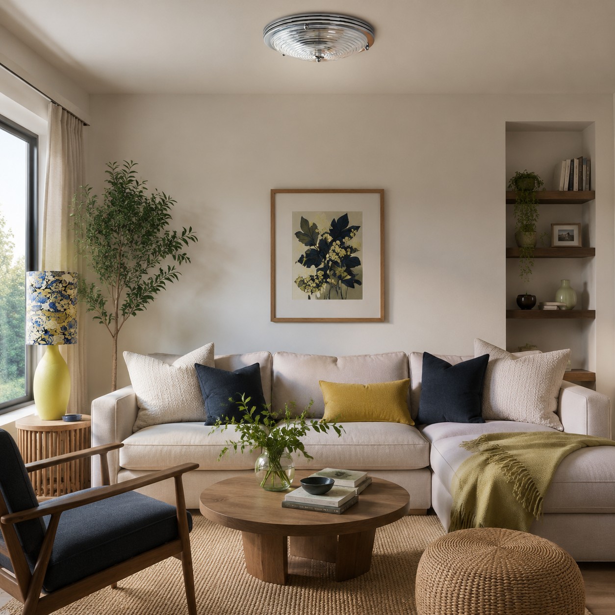 Walnut wood color ceiling light in a living room