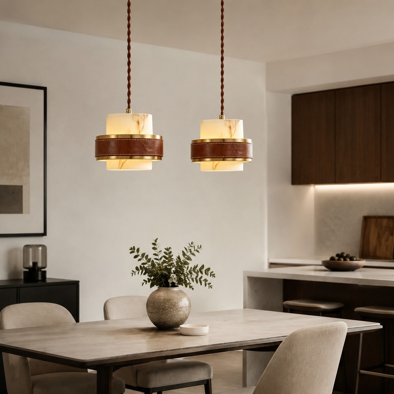 Pair of leather pendant lights over a dining table