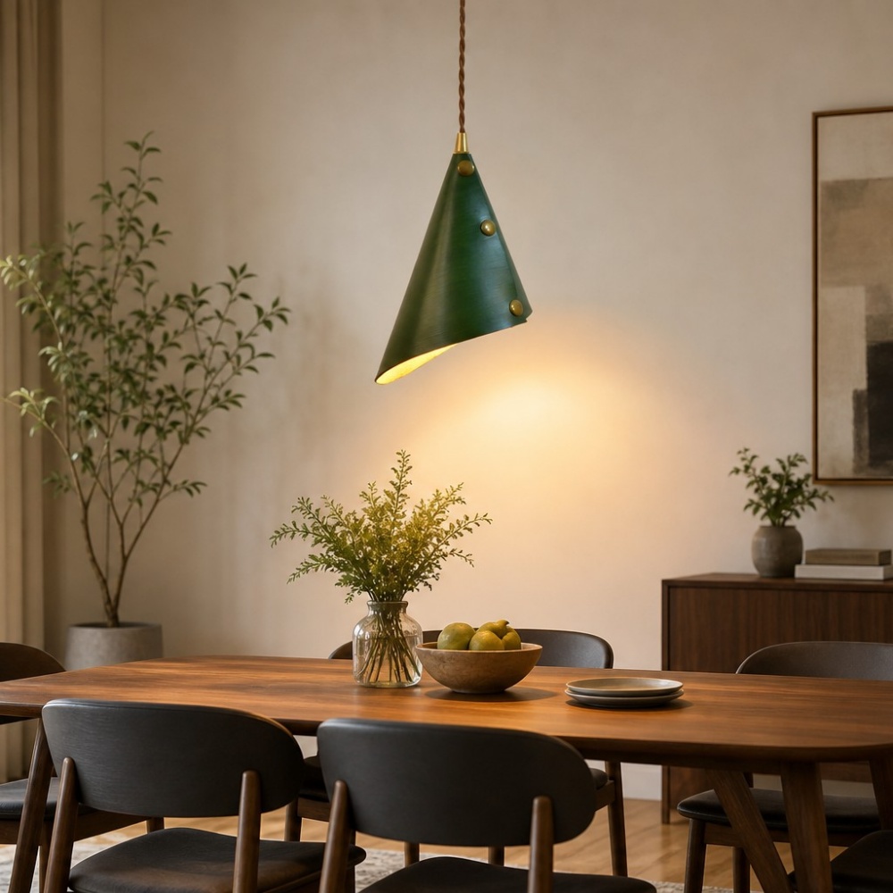 Green pendant above dining table