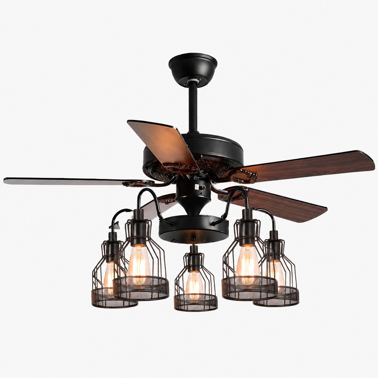 Style C Wood Blades / Matte Black Frame / Cage Shades 5-Light ceiling fan light