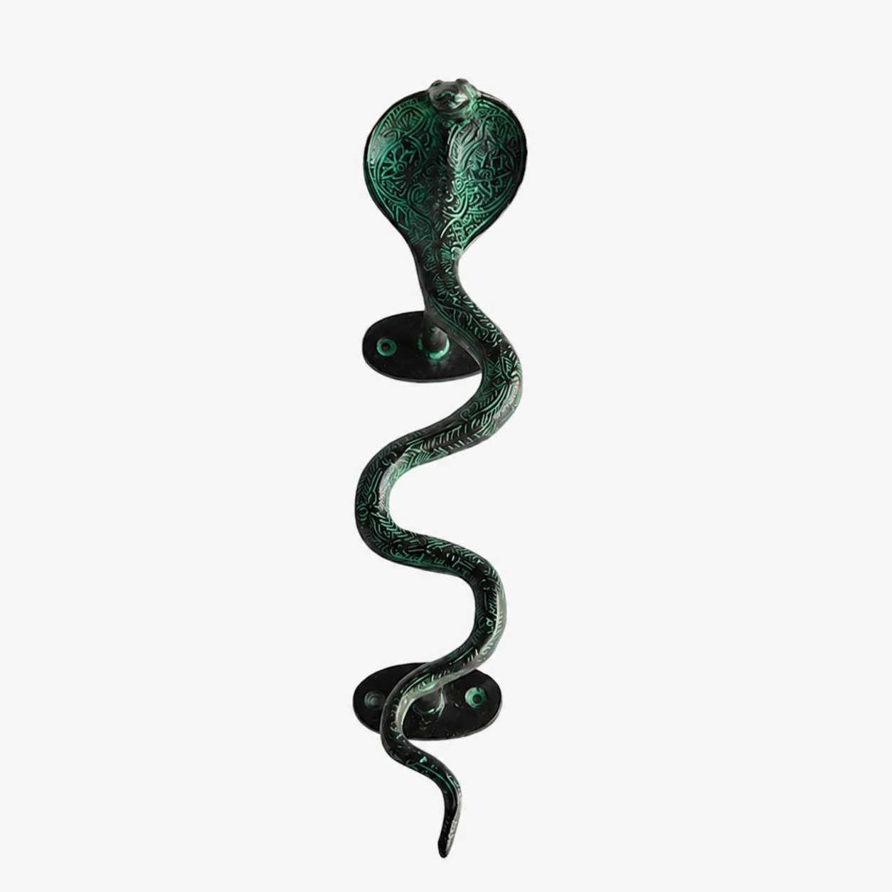 Handcrafted Brass Animal Door Handles - Cobra Verdigris Green large