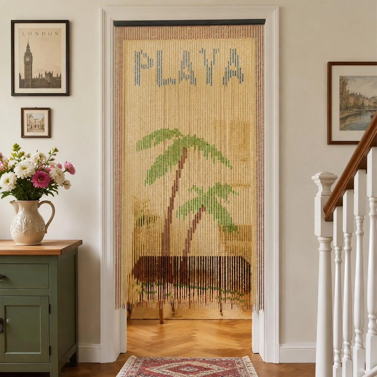 Cortina de cuentas de madera con motivos de palmeras cerca de la entrada de una escalera.