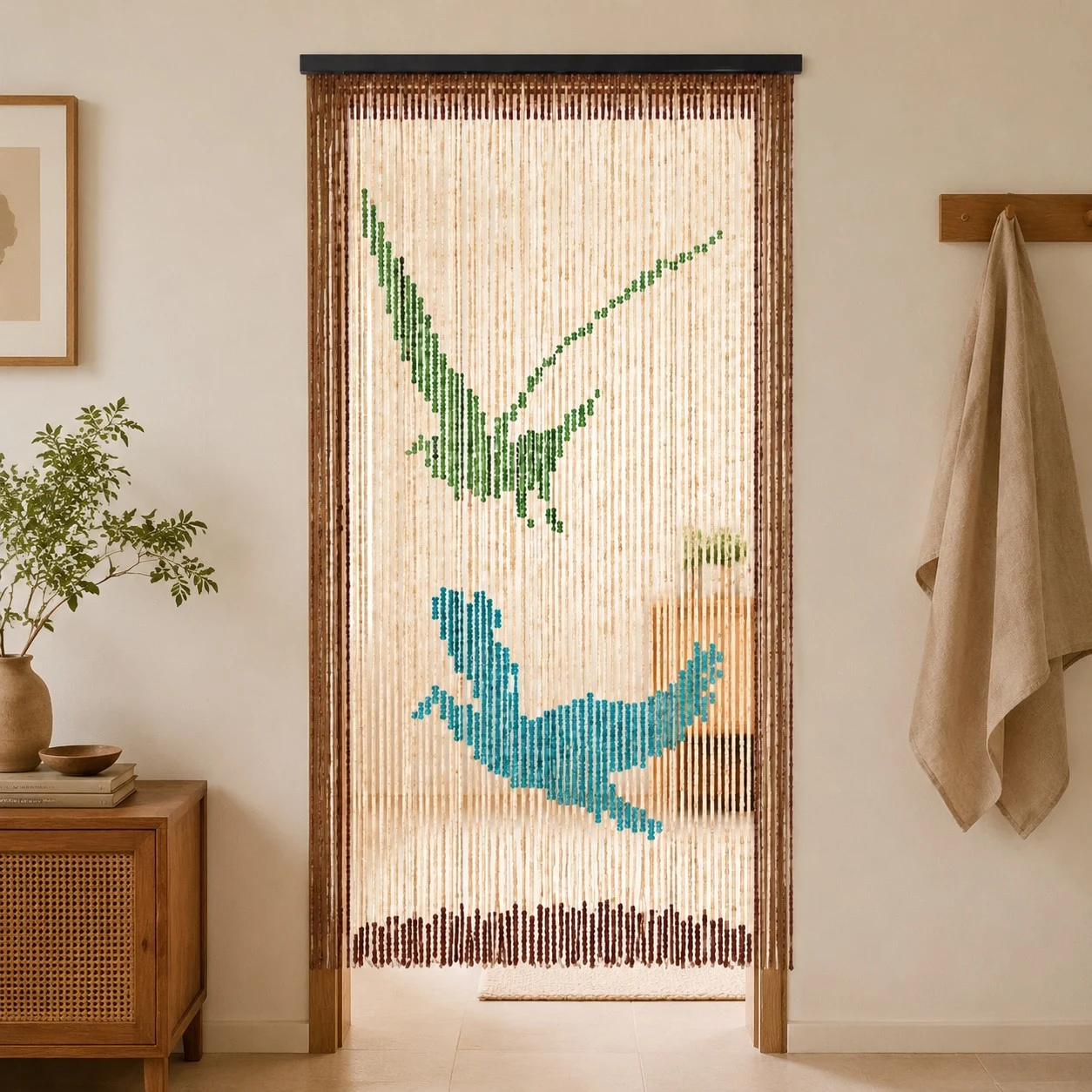 Cortina de cuentas de madera con motivos de pájaros en una puerta.