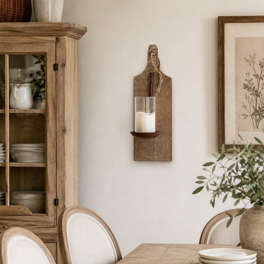 Rustikale Wandleuchte aus Holz neben einem Esszimmerschrank und gerahmter Wandkunst