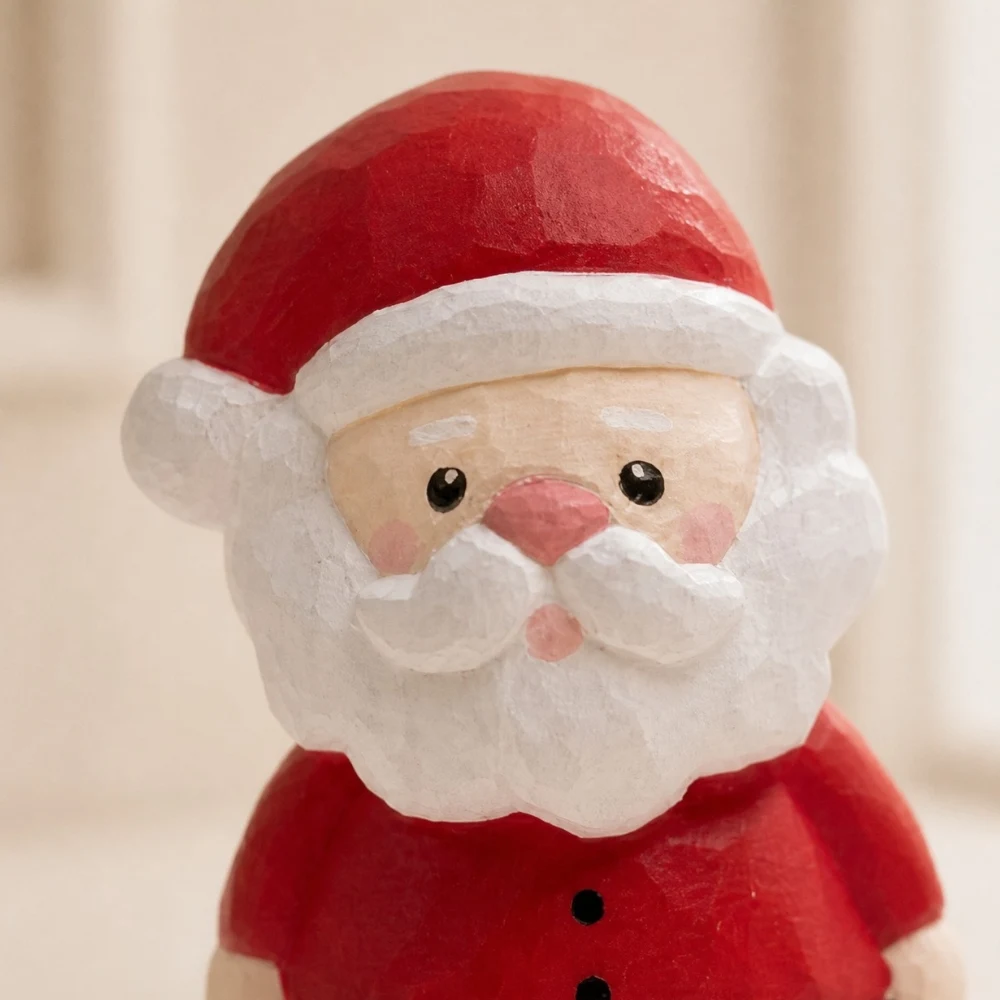 Gros plan sur le visage et le chapeau du Père Noël en bois fait main