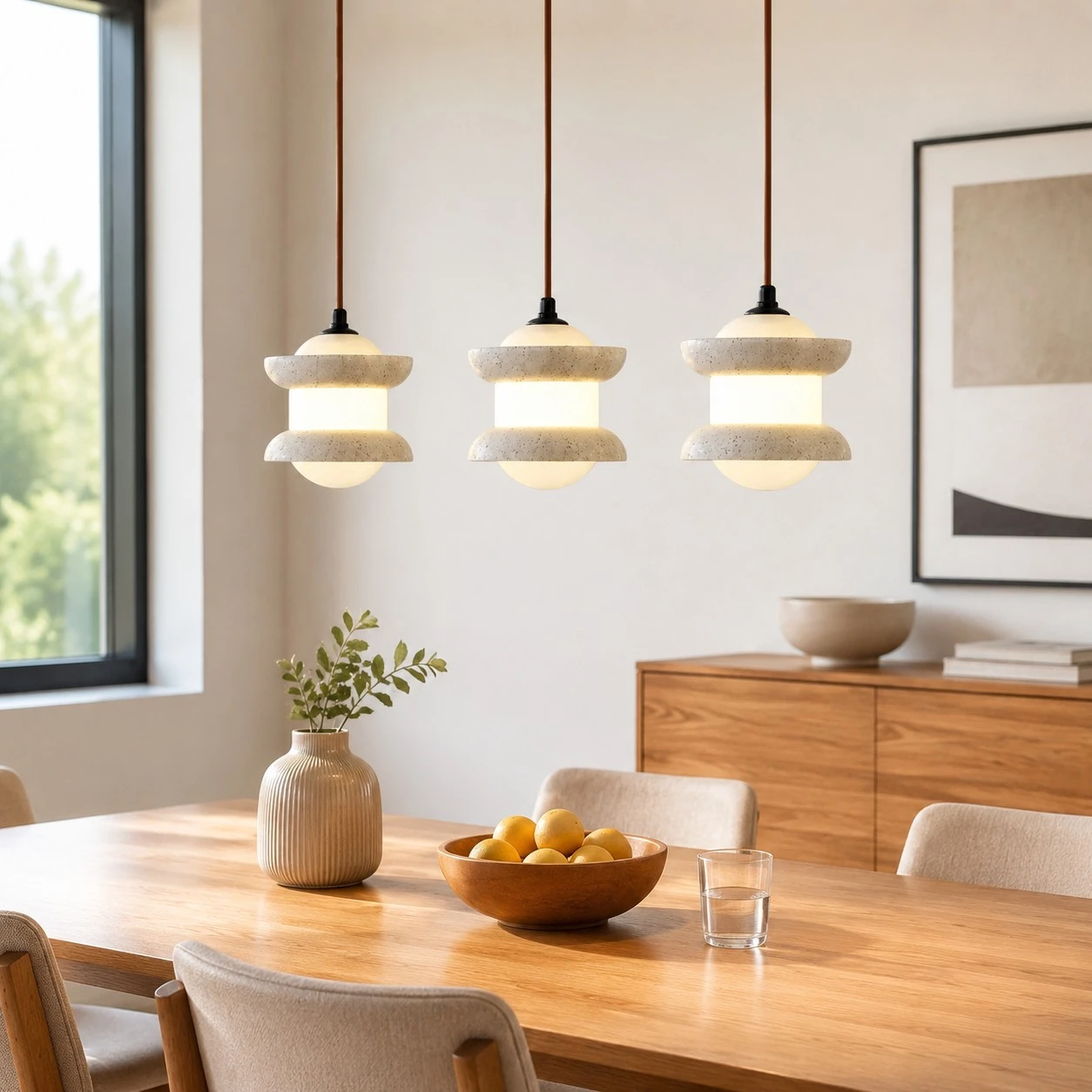 Suspension à trois lumières en travertin installée au-dessus d'une table à manger