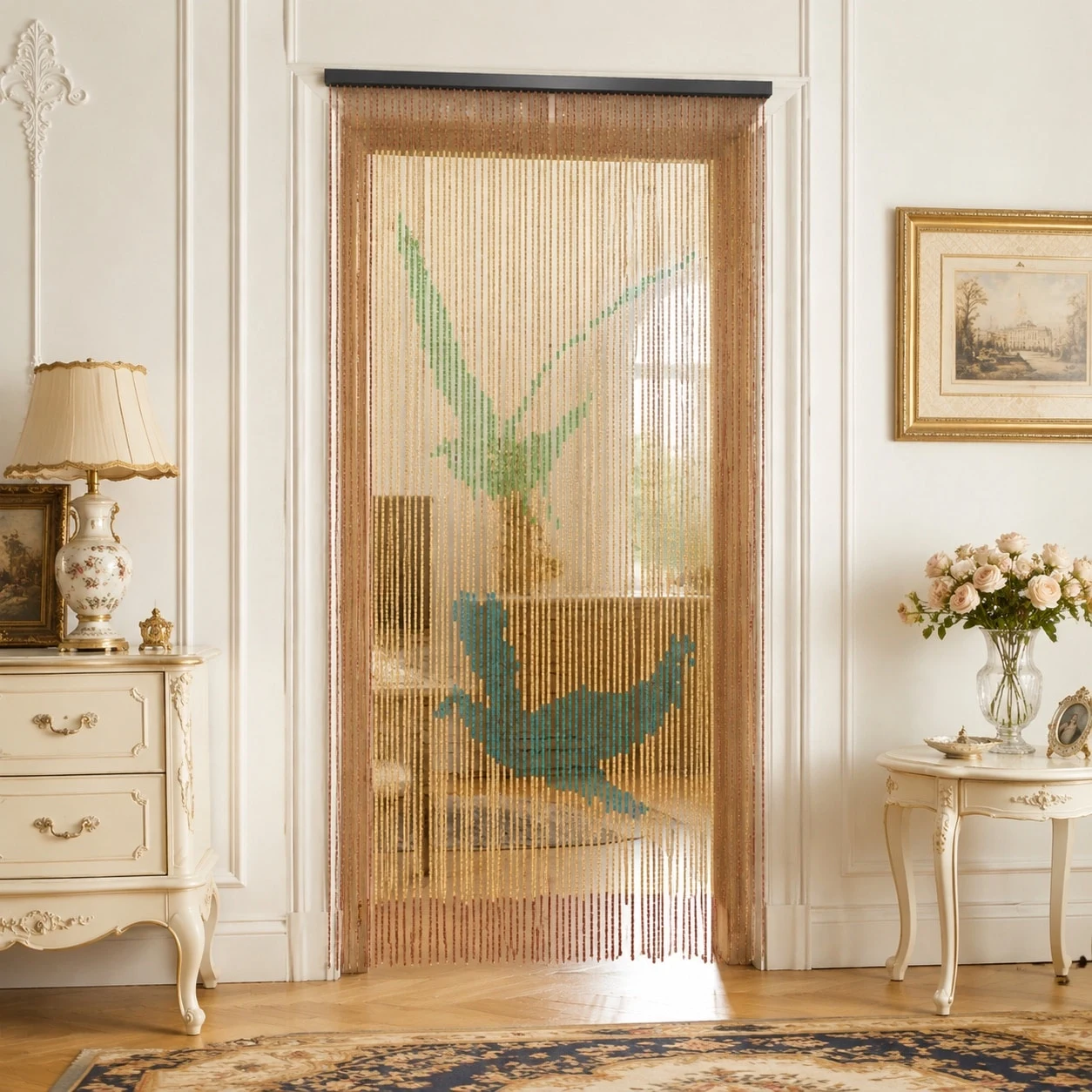 Cortina de cuentas de madera colocada en una puerta luminosa.