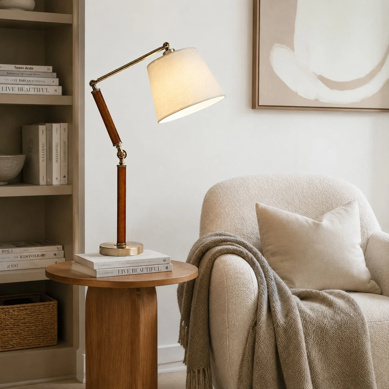 Adjustable wooden table lamp beside an armchair