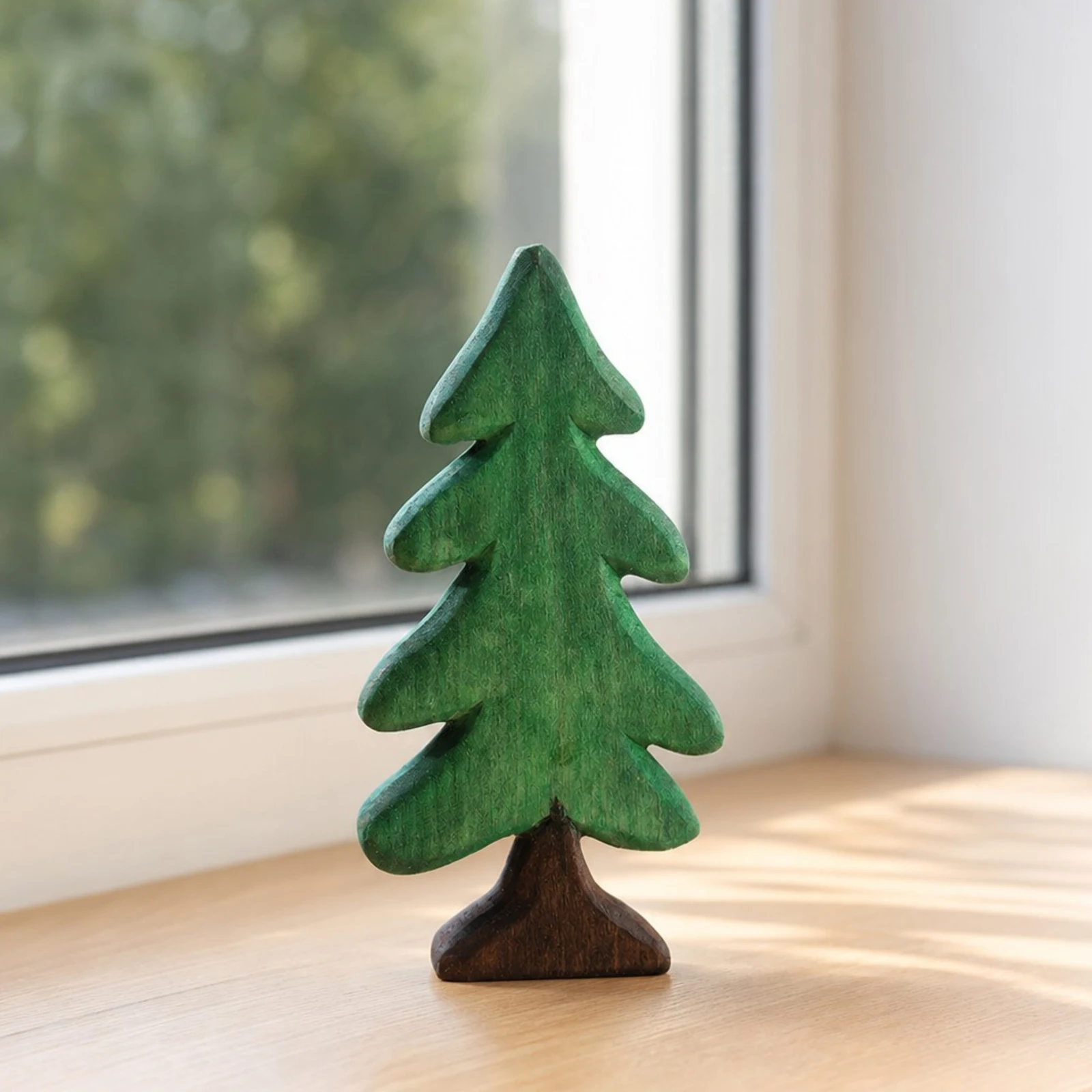 Ornement en bois vert représentant un pin, près d'une fenêtre