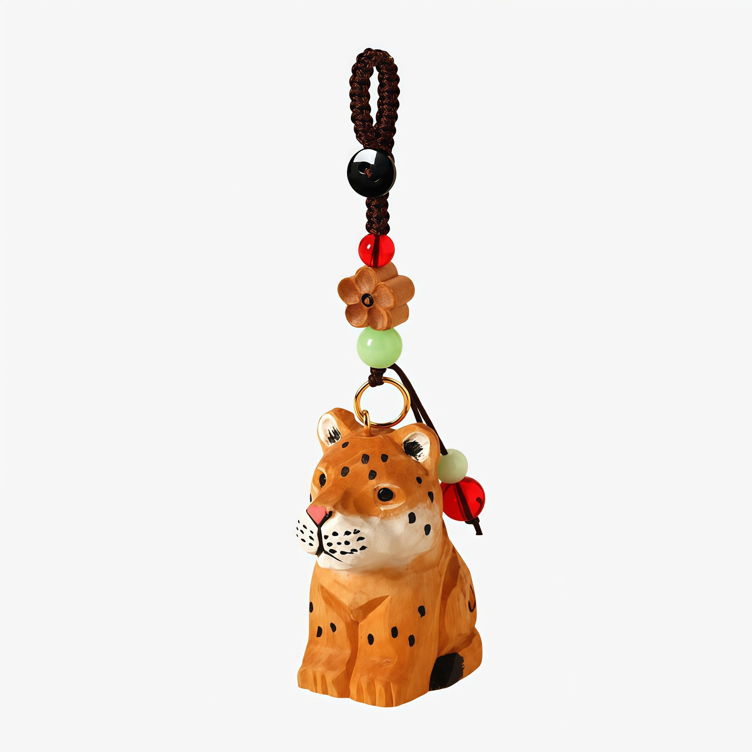 Adorno colgante de leopardo de madera tallada a mano, madera natural.