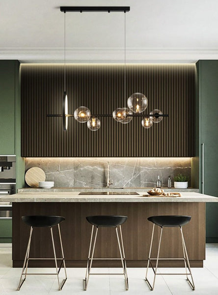Lights of Scandinavia - Macrocosm - Modern hanging glass ball LED lighting. Nordic style chandelier for dining rooms, bars, restaurants or why not at the coffee shop? 2 sizes - 90 or 120cm width. 7 Heads - Width 90cm, Height 30cm, 7x5W + 17W 10 Heads - Width 100cm, Height 30cm, 10x5W + 17W