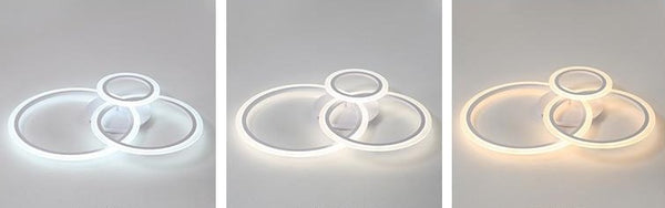 Lights of Scandinavia - Olympia - Modern simple white LED ceiling light. Fits most rooms and creates a harmonic atmosphere with the possibility to change lighting features with remote control Aluminum body and frame, acrylic LED covers. Application: Living room, Bedroom, Hall, Lobby, Hallway, Aisle, Balcony etc. Olympia comes in 3 different sizes: Single circle - D40cm, 5-8m2 Two circles - D30cm x D50cm, 8-12m2 Three circles - D20cm x D30cm x D40cm, 12-18m2 D30cm x D40cm x D50cm, 18-22m2 D40cm x D50cm x D60cm Height: 12cm