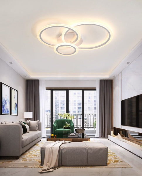 Lights of Scandinavia - Olympia - Modern simple white LED ceiling light. Fits most rooms and creates a harmonic atmosphere with the possibility to change lighting features with remote control Aluminum body and frame, acrylic LED covers. Application: Living room, Bedroom, Hall, Lobby, Hallway, Aisle, Balcony etc. Olympia comes in 3 different sizes: Single circle - D40cm, 5-8m2 Two circles - D30cm x D50cm, 8-12m2 Three circles - D20cm x D30cm x D40cm, 12-18m2 D30cm x D40cm x D50cm, 18-22m2 D40cm x D50cm x D60cm Height: 12cm