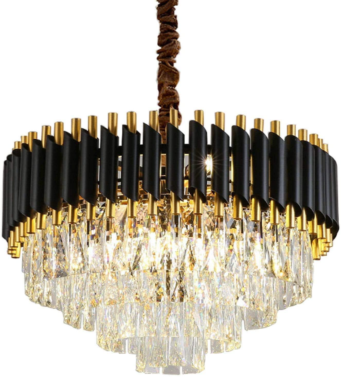 600MM Gold Black Tube Stainless Steel K9 Crystal Pendant Chandelier Ceiling Lights Hanging - Warm White