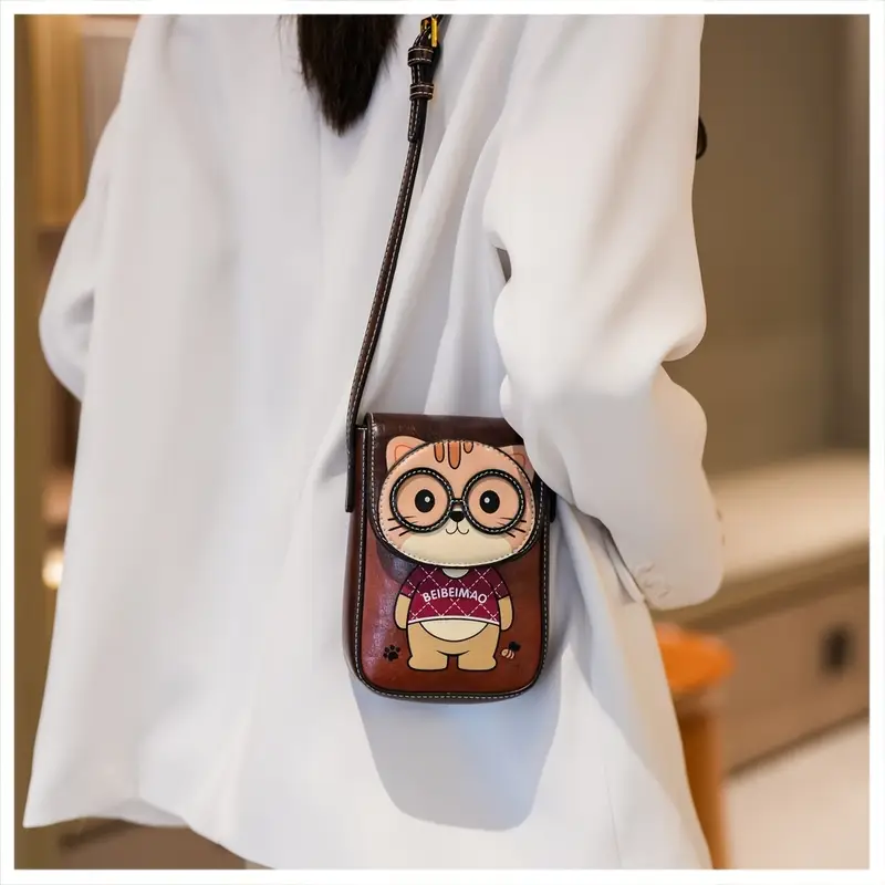 2025   mini cute cat animal print crossbody bag for women - adjustable strap, snap closure, nylon lining, olive brown/beige/pink - compact   phone purse, mini purse, casual accessory,   design, stylish  , small handbag, casual wear, women s accessory, trendy accessory, durable material, women s handbag,   details 4
