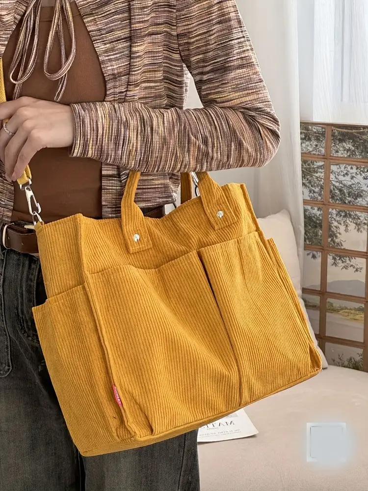 corduroy crossbody tote bag with stripes casual   commuter shoulder bag with multiple pockets thick autumn winter fabric polyester lining zip closure hand washable Product details 11