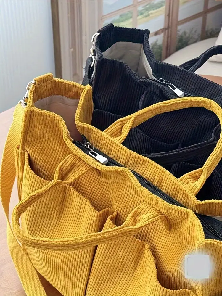 corduroy crossbody tote bag with stripes casual   commuter shoulder bag with multiple pockets thick autumn winter fabric polyester lining zip closure hand washable Product details 4