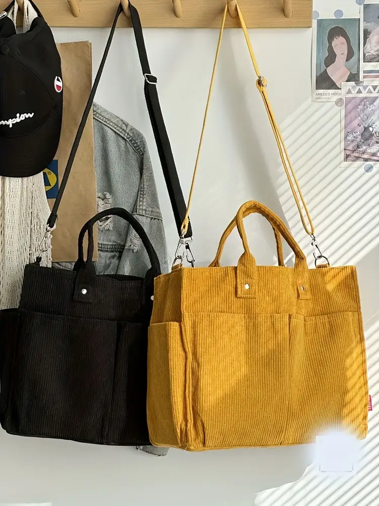 corduroy crossbody tote bag with stripes casual   commuter shoulder bag with multiple pockets thick autumn winter fabric polyester lining zip closure hand washable Product details 29