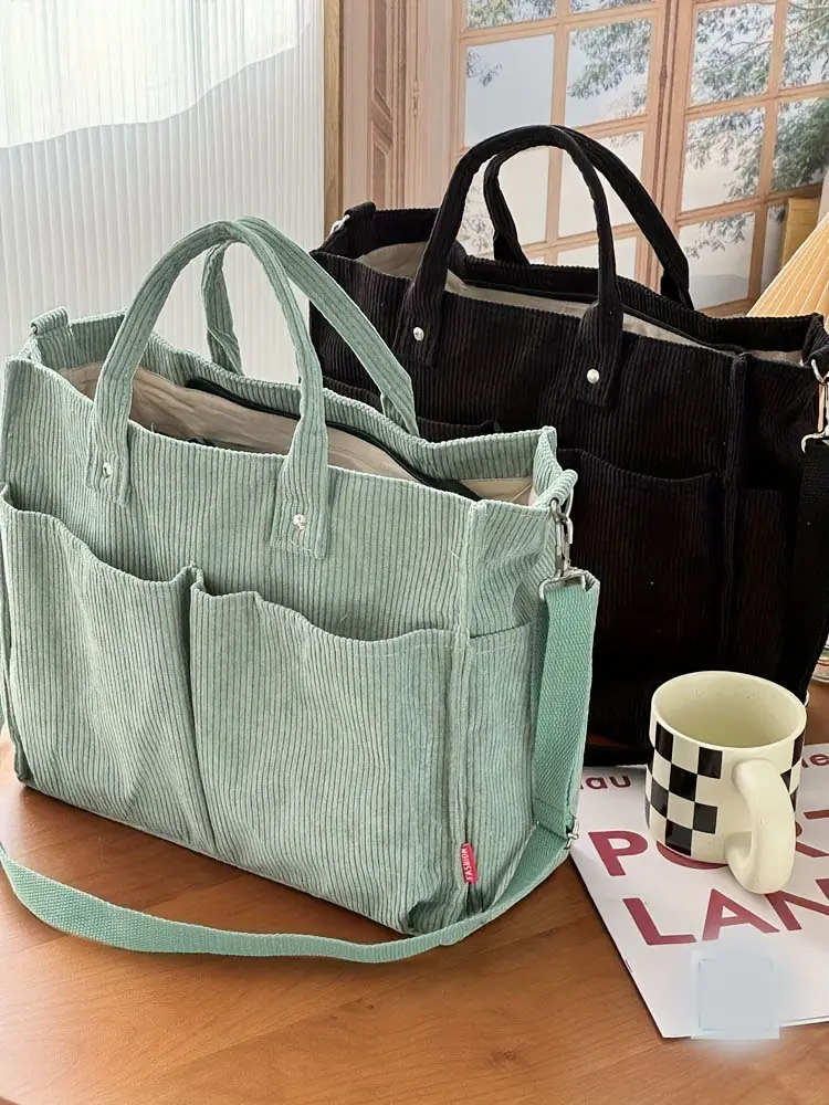 corduroy crossbody tote bag with stripes casual   commuter shoulder bag with multiple pockets thick autumn winter fabric polyester lining zip closure hand washable Product details 5
