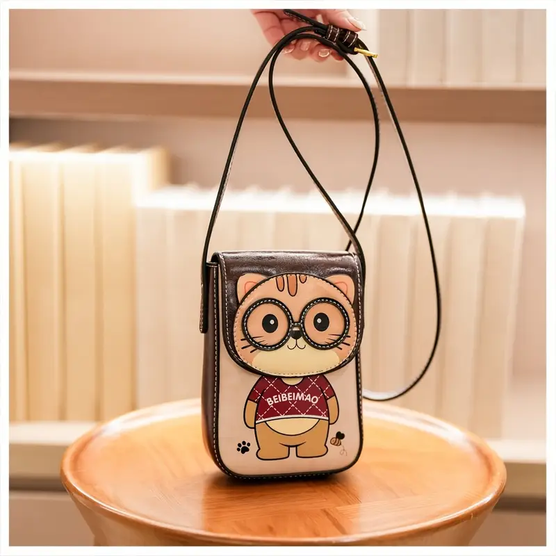 2025   mini cute cat animal print crossbody bag for women - adjustable strap, snap closure, nylon lining, olive brown/beige/pink - compact   phone purse, mini purse, casual accessory,   design, stylish  , small handbag, casual wear, women s accessory, trendy accessory, durable material, women s handbag,   details 6