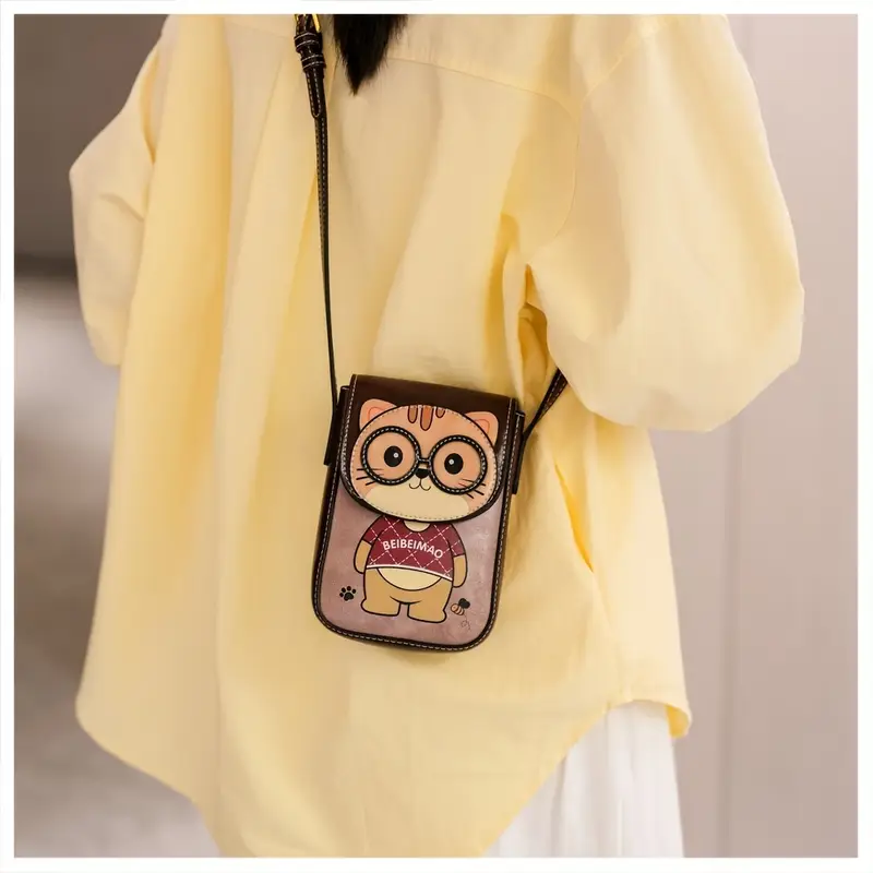 2025   mini cute cat animal print crossbody bag for women - adjustable strap, snap closure, nylon lining, olive brown/beige/pink - compact   phone purse, mini purse, casual accessory,   design, stylish  , small handbag, casual wear, women s accessory, trendy accessory, durable material, women s handbag,   details 3