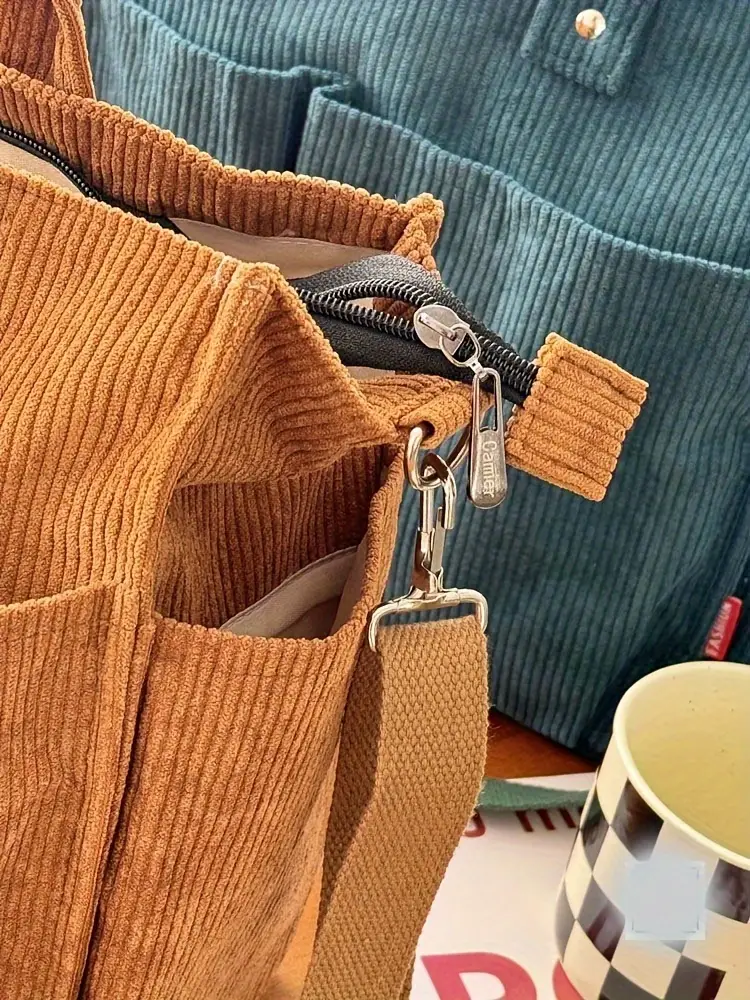 corduroy crossbody tote bag with stripes casual   commuter shoulder bag with multiple pockets thick autumn winter fabric polyester lining zip closure hand washable Product details 2