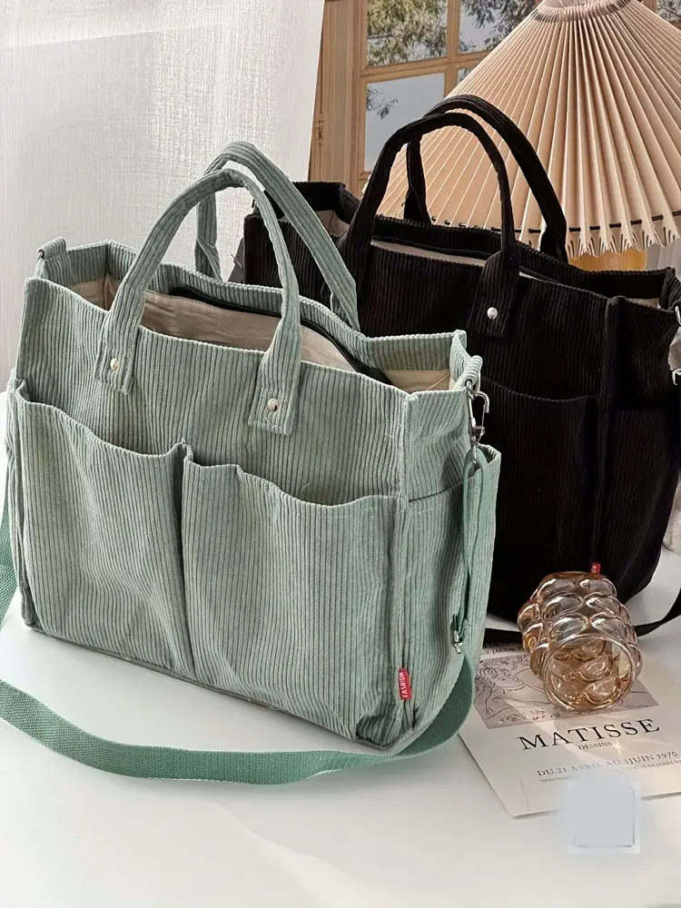 corduroy crossbody tote bag with stripes casual   commuter shoulder bag with multiple pockets thick autumn winter fabric polyester lining zip closure hand washable Product details 9