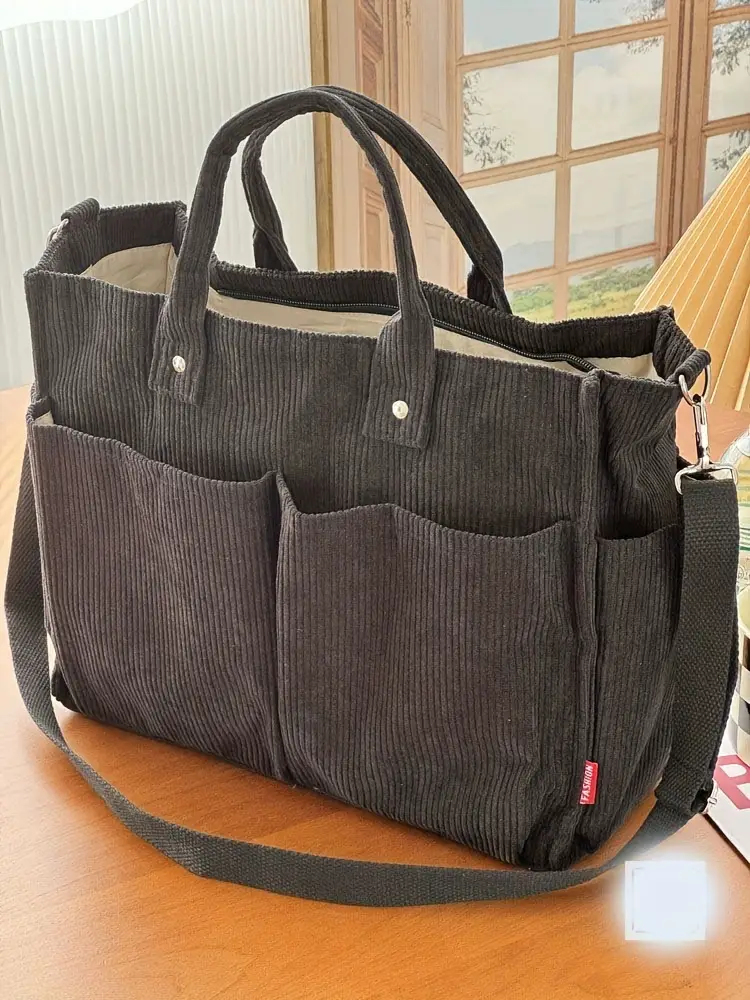corduroy crossbody tote bag with stripes casual   commuter shoulder bag with multiple pockets thick autumn winter fabric polyester lining zip closure hand washable Product details 24