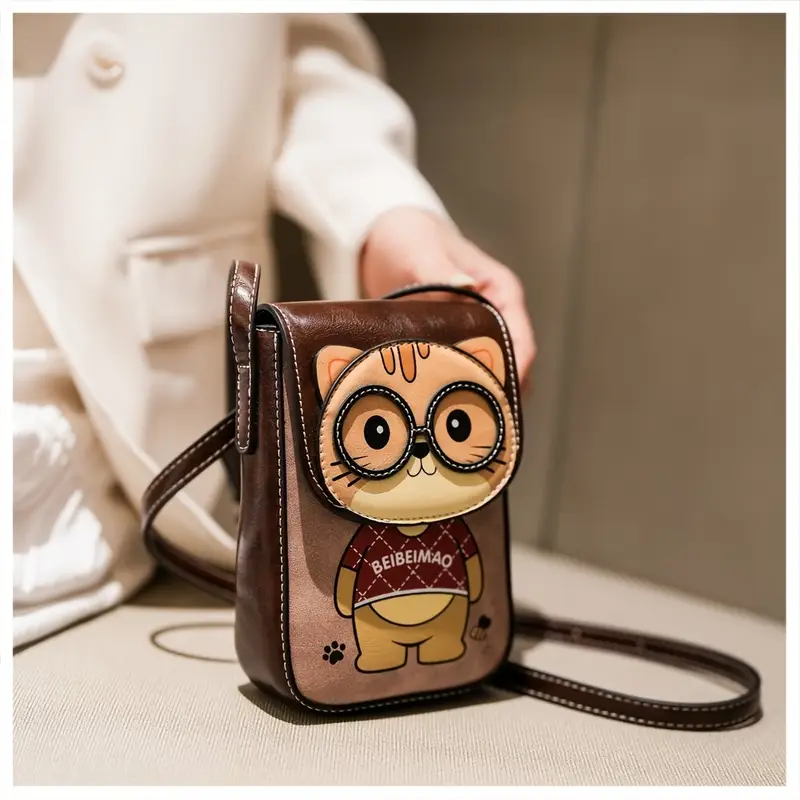 2025   mini cute cat animal print crossbody bag for women - adjustable strap, snap closure, nylon lining, olive brown/beige/pink - compact   phone purse, mini purse, casual accessory,   design, stylish  , small handbag, casual wear, women s accessory, trendy accessory, durable material, women s handbag,   details 1