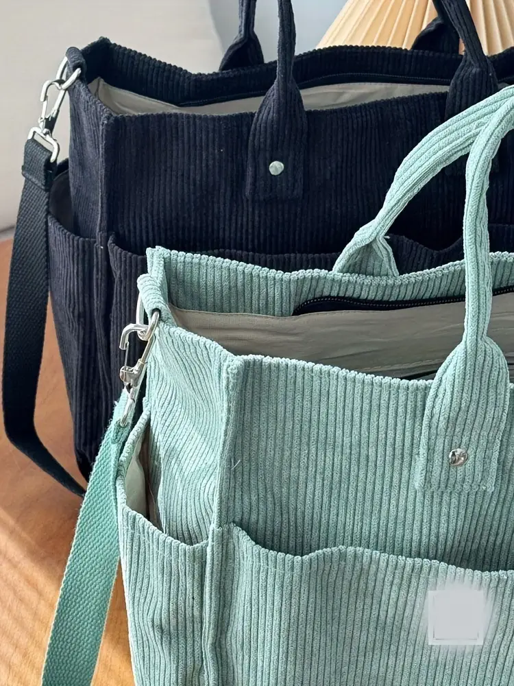 corduroy crossbody tote bag with stripes casual   commuter shoulder bag with multiple pockets thick autumn winter fabric polyester lining zip closure hand washable Product details 6