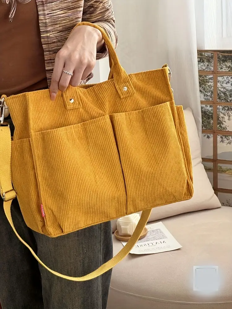 corduroy crossbody tote bag with stripes casual   commuter shoulder bag with multiple pockets thick autumn winter fabric polyester lining zip closure hand washable Product details 10