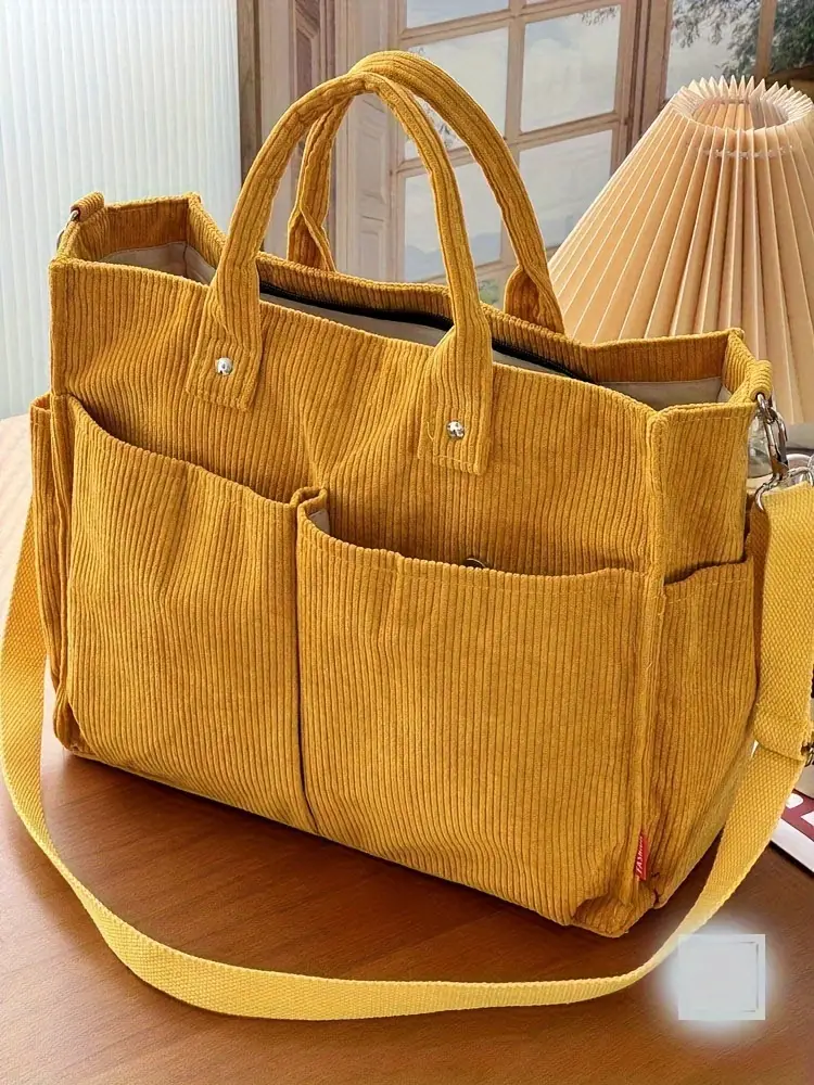 corduroy crossbody tote bag with stripes casual   commuter shoulder bag with multiple pockets thick autumn winter fabric polyester lining zip closure hand washable Product details 12