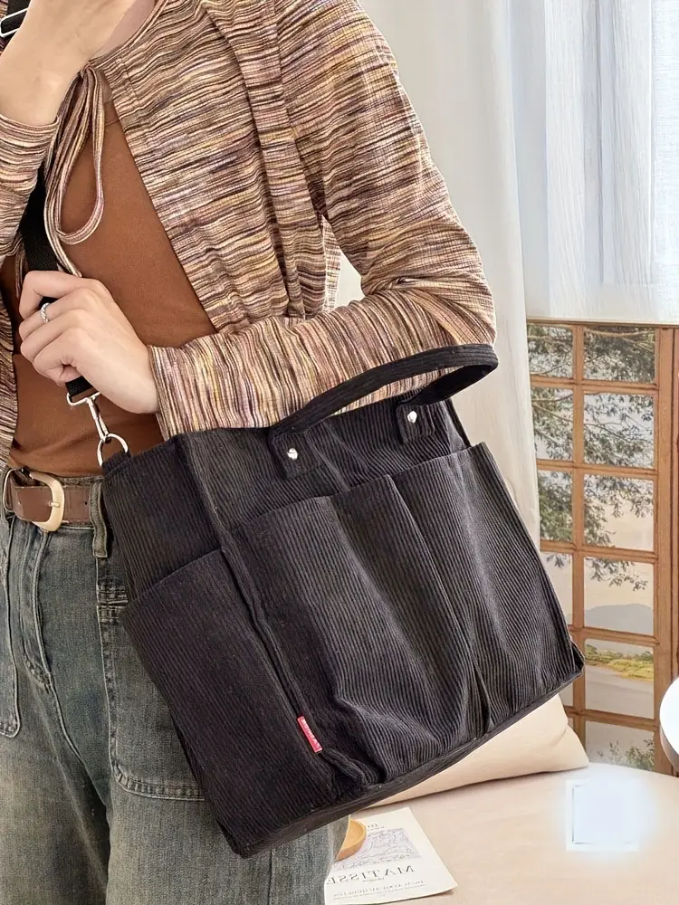corduroy crossbody tote bag with stripes casual   commuter shoulder bag with multiple pockets thick autumn winter fabric polyester lining zip closure hand washable Product details 23