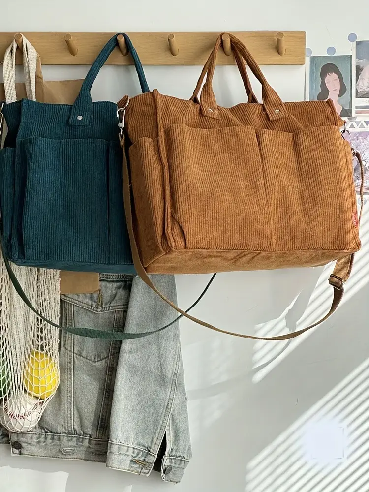 corduroy crossbody tote bag with stripes casual   commuter shoulder bag with multiple pockets thick autumn winter fabric polyester lining zip closure hand washable Product details 27