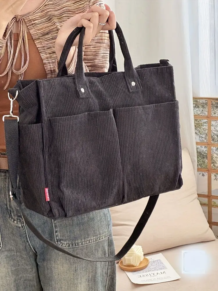 corduroy crossbody tote bag with stripes casual   commuter shoulder bag with multiple pockets thick autumn winter fabric polyester lining zip closure hand washable Product details 22