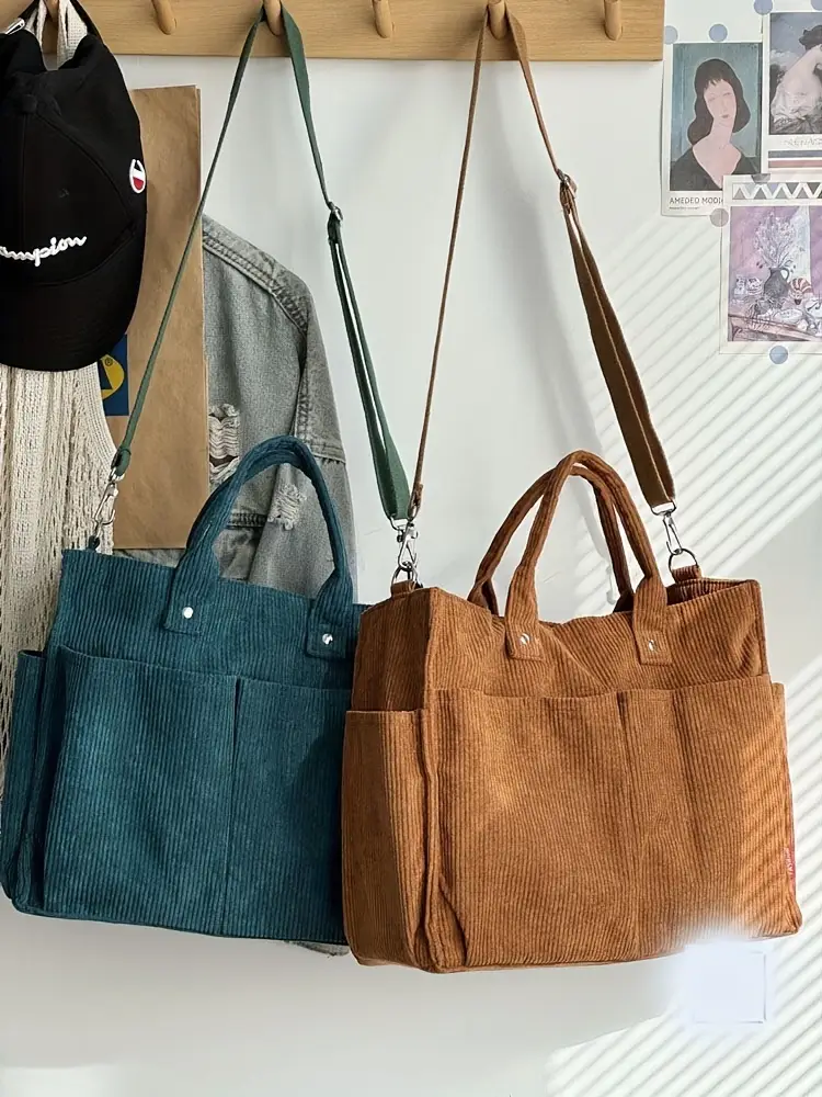corduroy crossbody tote bag with stripes casual   commuter shoulder bag with multiple pockets thick autumn winter fabric polyester lining zip closure hand washable Product details 30
