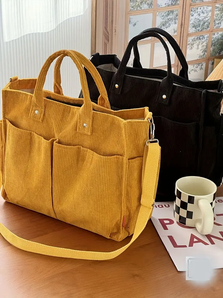 corduroy crossbody tote bag with stripes casual   commuter shoulder bag with multiple pockets thick autumn winter fabric polyester lining zip closure hand washable Product details 0