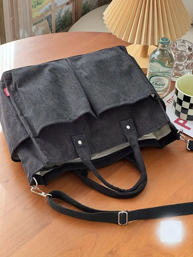 corduroy crossbody tote bag with stripes casual   commuter shoulder bag with multiple pockets thick autumn winter fabric polyester lining zip closure hand washable Product details 25