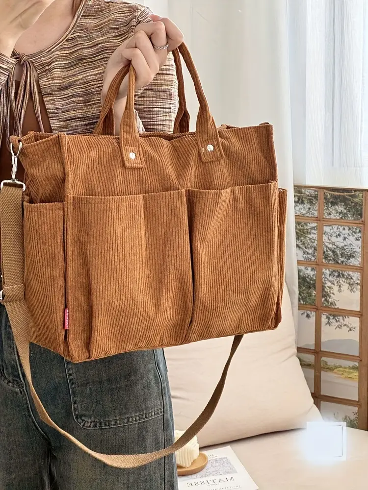 corduroy crossbody tote bag with stripes casual   commuter shoulder bag with multiple pockets thick autumn winter fabric polyester lining zip closure hand washable Product details 19