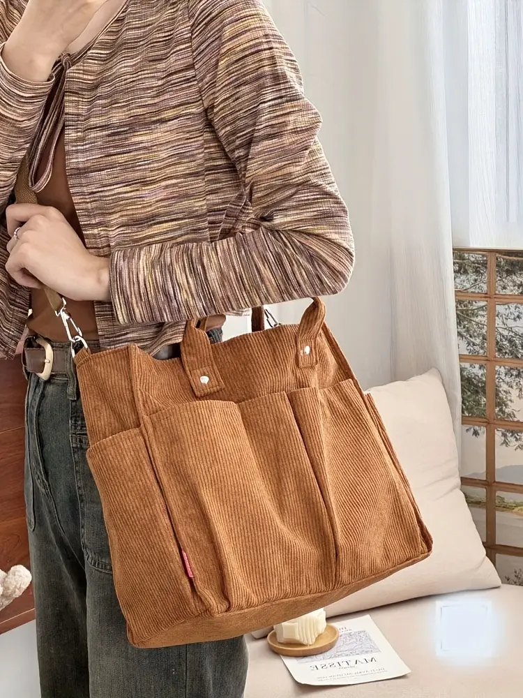 corduroy crossbody tote bag with stripes casual   commuter shoulder bag with multiple pockets thick autumn winter fabric polyester lining zip closure hand washable Product details 20
