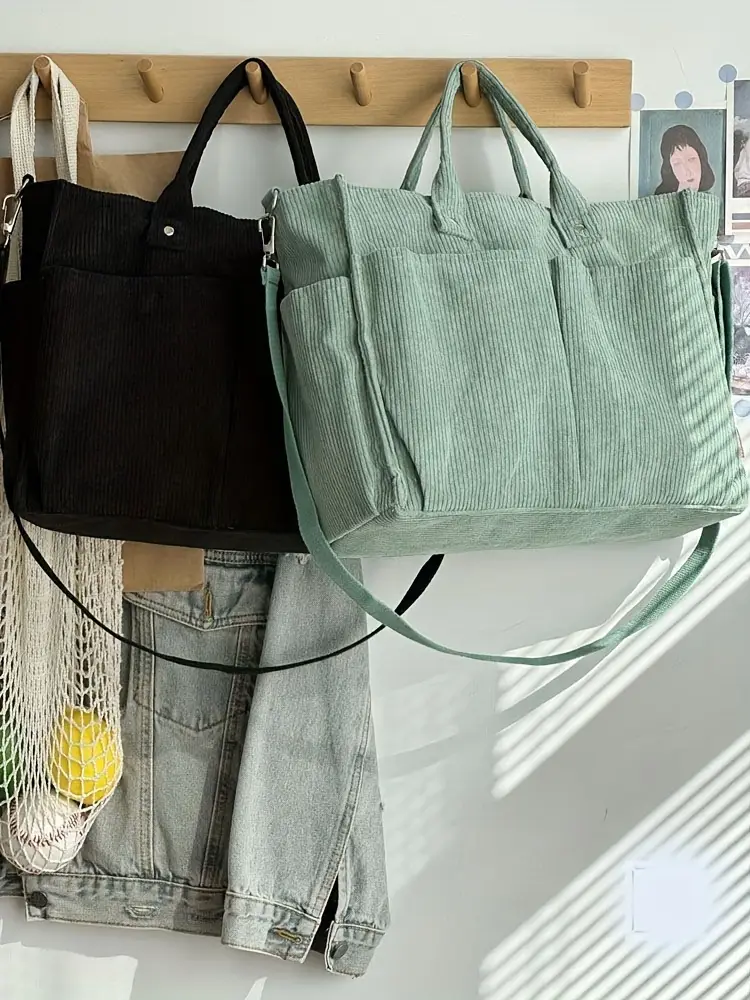 corduroy crossbody tote bag with stripes casual   commuter shoulder bag with multiple pockets thick autumn winter fabric polyester lining zip closure hand washable Product details 28