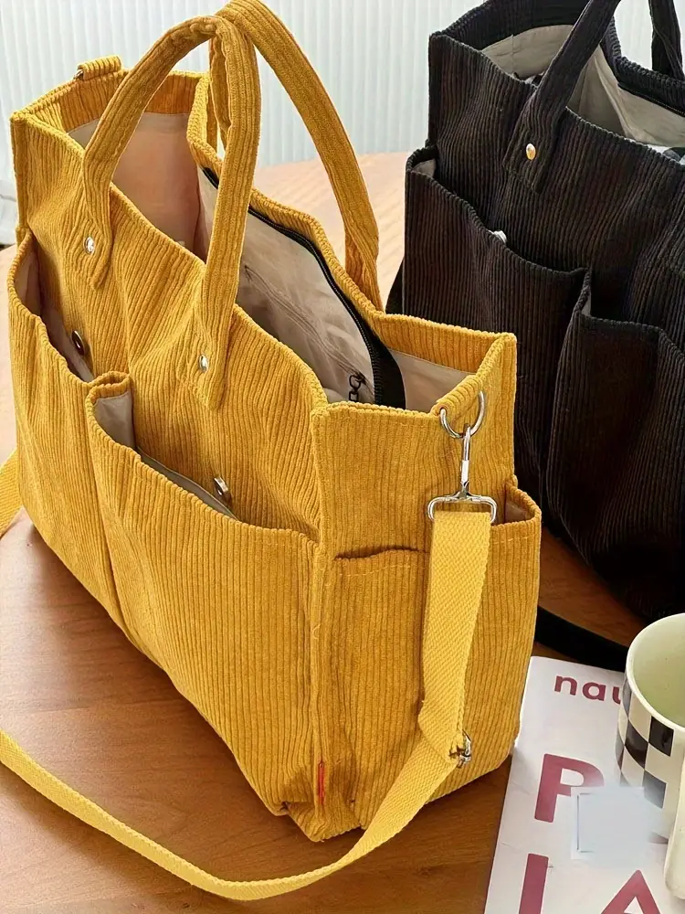 corduroy crossbody tote bag with stripes casual   commuter shoulder bag with multiple pockets thick autumn winter fabric polyester lining zip closure hand washable Product details 3