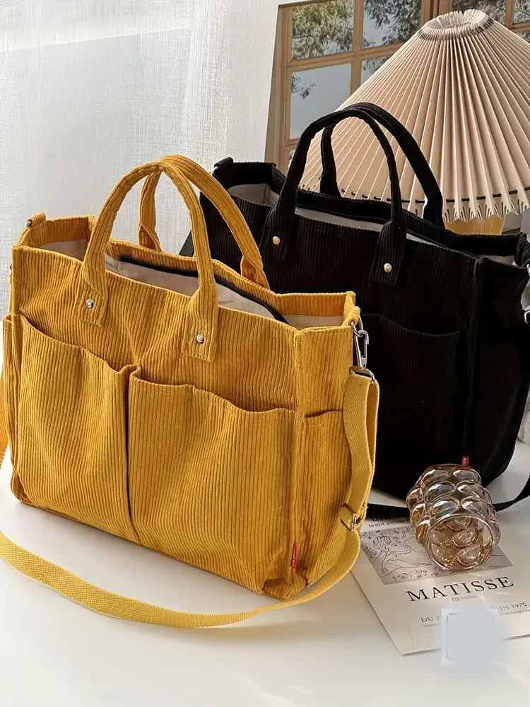 corduroy crossbody tote bag with stripes casual   commuter shoulder bag with multiple pockets thick autumn winter fabric polyester lining zip closure hand washable Product details 7