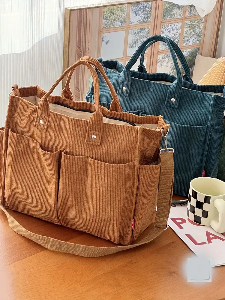 corduroy crossbody tote bag with stripes casual   commuter shoulder bag with multiple pockets thick autumn winter fabric polyester lining zip closure hand washable Product details 1