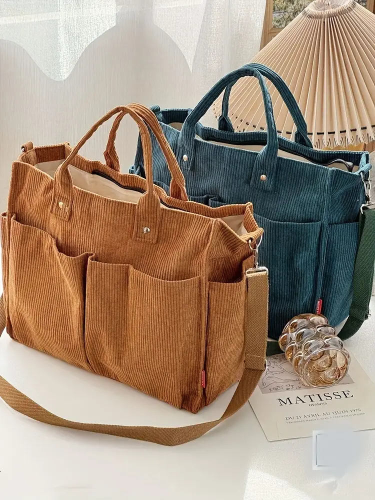 corduroy crossbody tote bag with stripes casual   commuter shoulder bag with multiple pockets thick autumn winter fabric polyester lining zip closure hand washable Product details 8